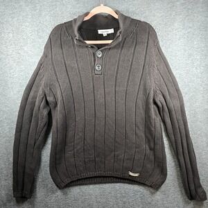 VTG Calvin Klein Men XL Dark Brown Ribbed Pullover Sweater Quarter Button Collar
